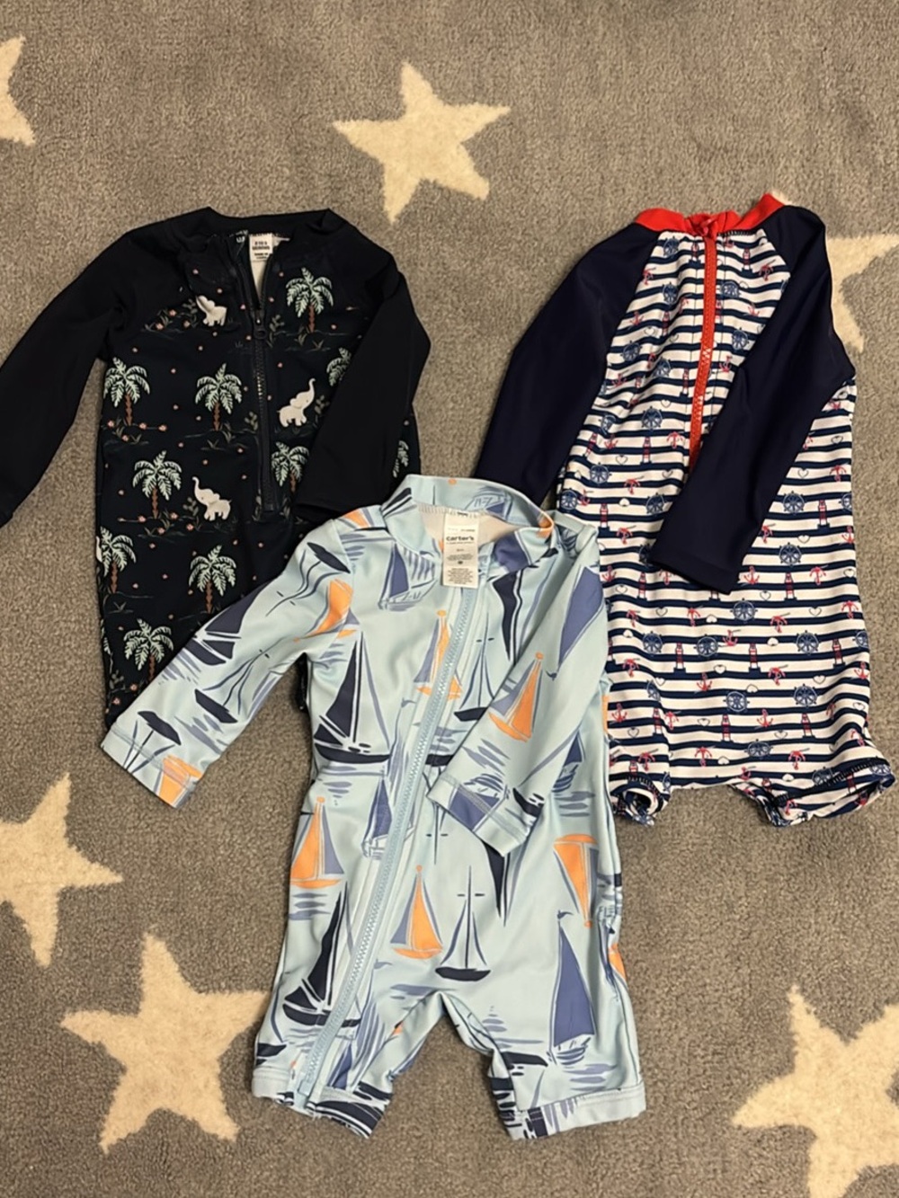 Three Baby Boy Rash Guard Romper Swimsuits size 0-3m